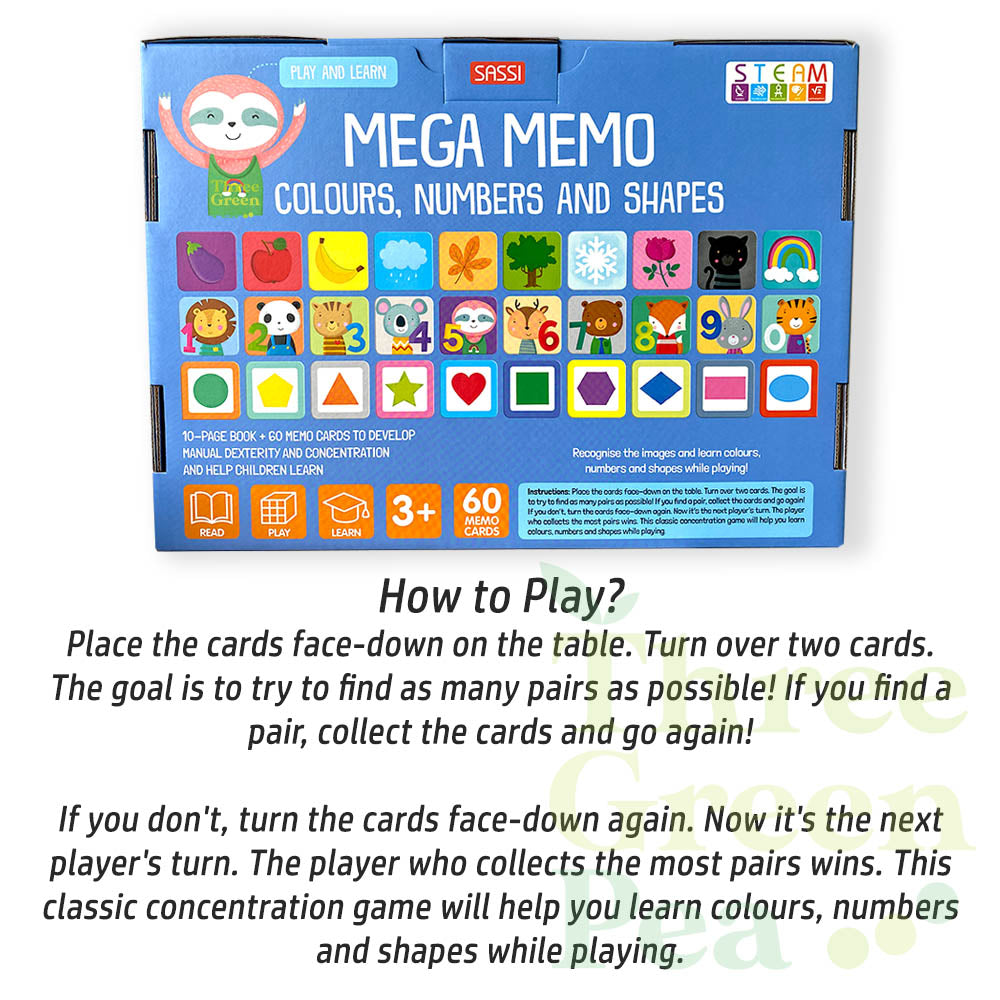 Memory Card Game for Children | Sassi - Play and Learn Mega Memo Cards (Colours, Numbers n Shapes) | Suitable for Age 3+ | Great Children Gift Ideas