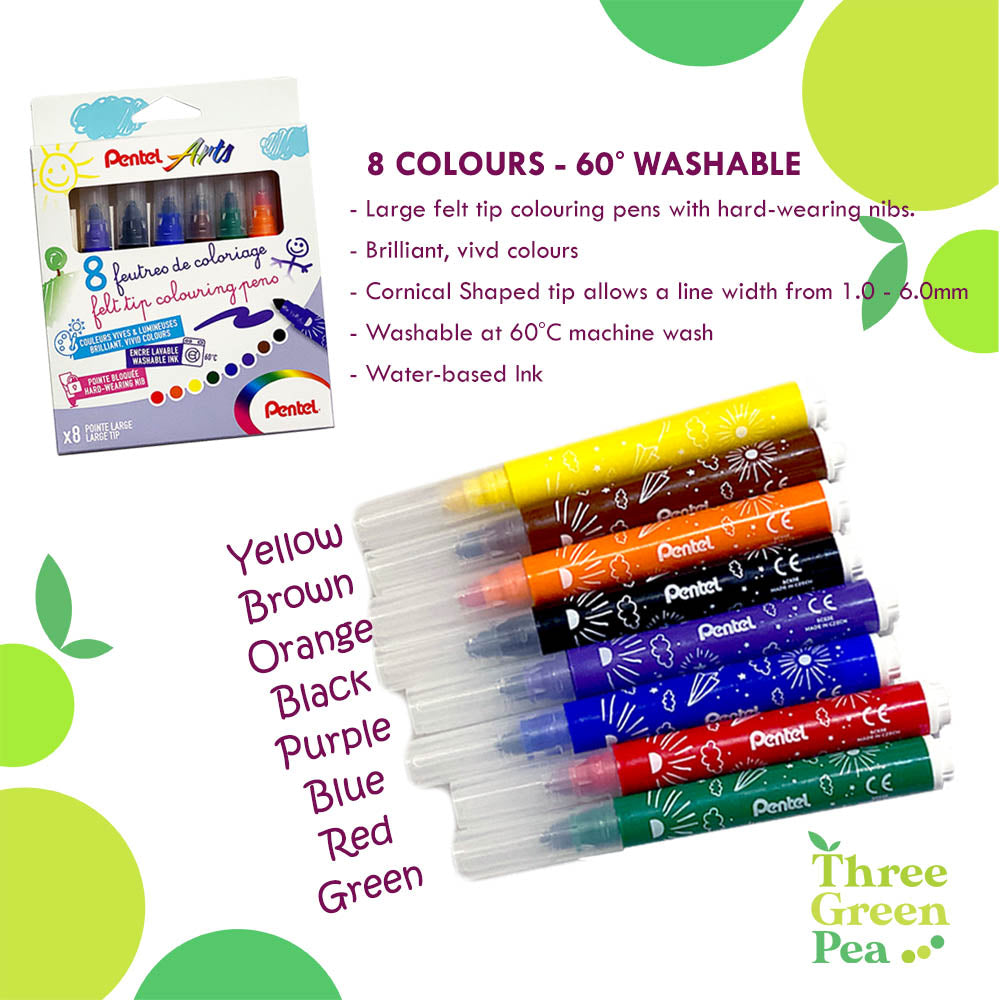 Felt Tip Washable Large Colouring Marker Pen | Value Set of 8 or 12 different colours | Great for Children