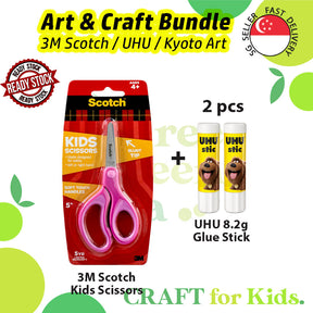 Scissors and Glue for Children Art and Craft Needs [Bundle Deals] - 3M Scotch Scissors, UHU Glue Stick 8gm, Kyoto White Glue 100ml | Suitable for Ages 4+