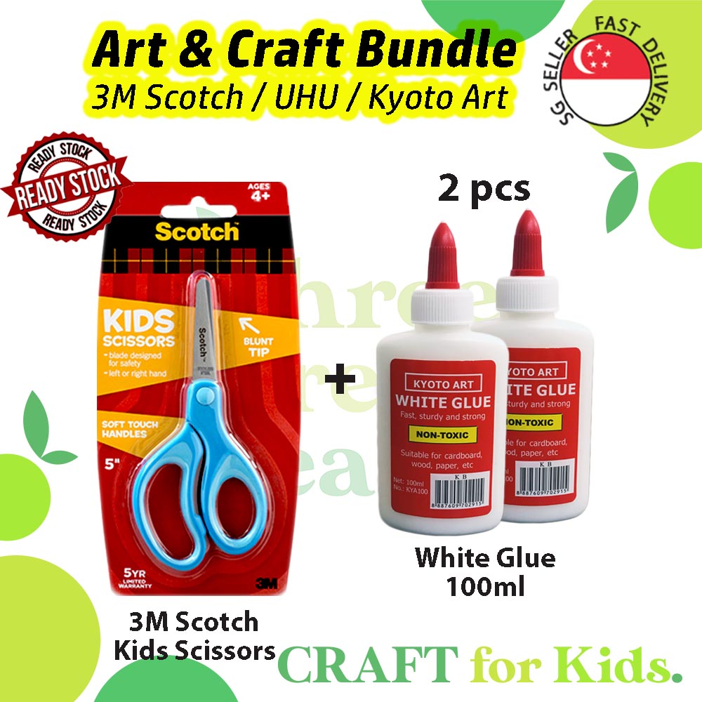 Scissors and Glue for Children Art and Craft Needs [Bundle Deals] - 3M Scotch Scissors, UHU Glue Stick 8gm, Kyoto White Glue 100ml | Suitable for Ages 4+