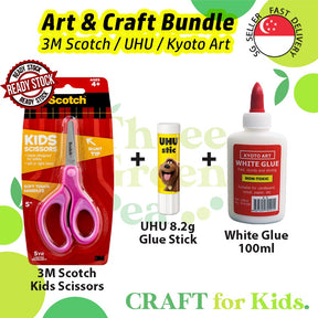 Scissors and Glue for Children Art and Craft Needs [Bundle Deals] - 3M Scotch Scissors, UHU Glue Stick 8gm, Kyoto White Glue 100ml | Suitable for Ages 4+