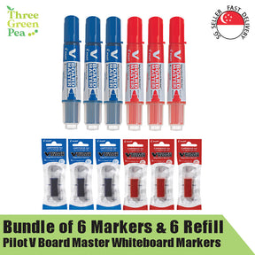 Pilot V Board Master Whiteboard Marker (Medium) and Refill | Bundle of 6 pc Markers and 6 pc Refill