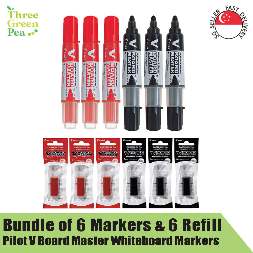 Pilot V Board Master Whiteboard Marker (Medium) and Refill | Bundle of 6 pc Markers and 6 pc Refill