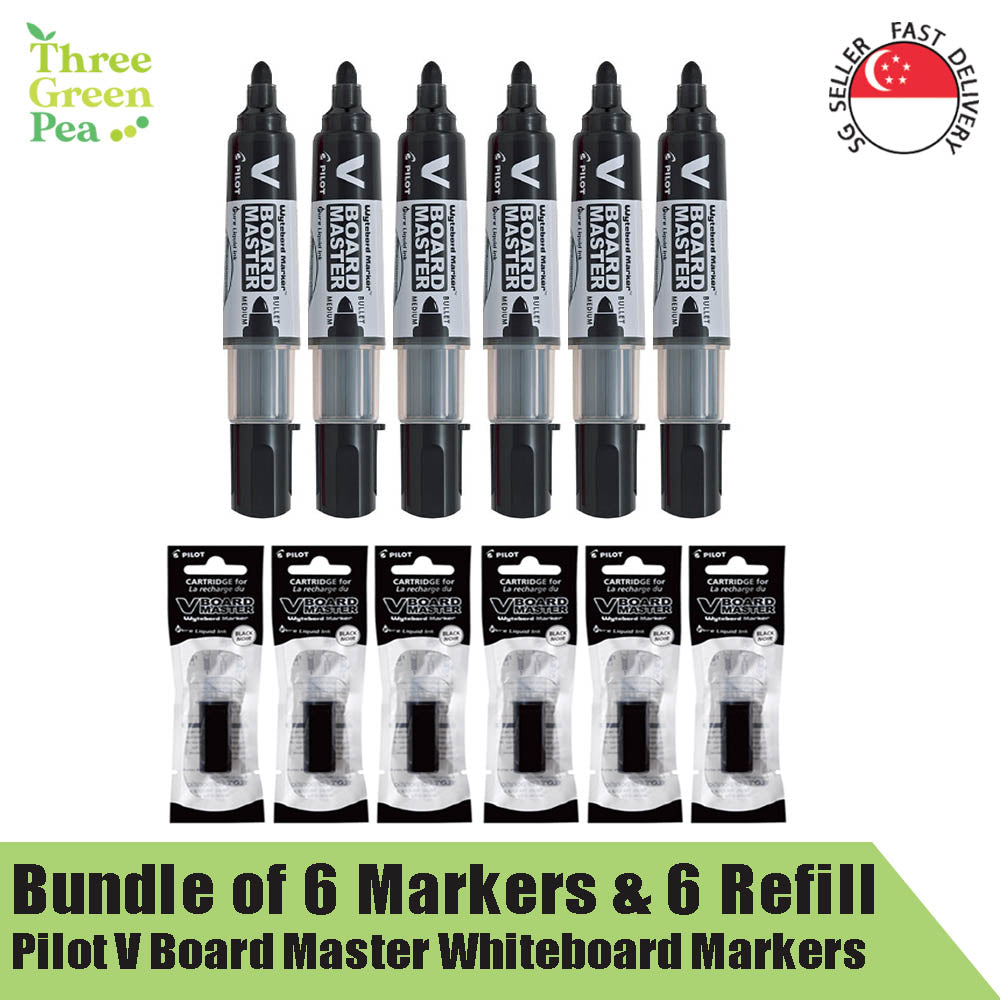 Pilot V Board Master Whiteboard Marker (Medium) and Refill | Bundle of 6 pc Markers and 6 pc Refill