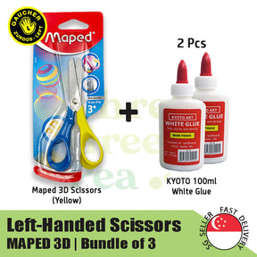 Maped 3D Left Hand Scissors 12cm (Suitable from the age of 3) Round Metal Tip | Bundle Deal with UHU Glue Stick 8.2g and White Glue 100ml | Suitable for Age 3+