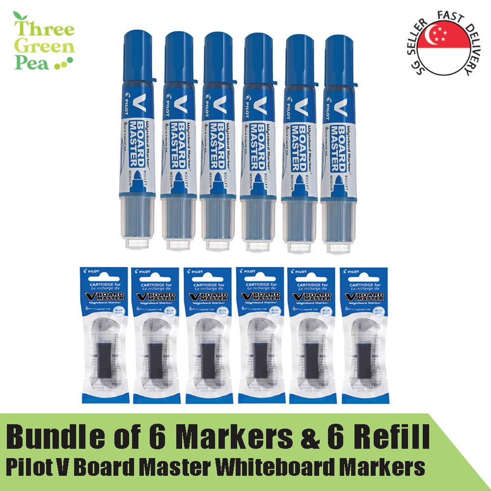 Pilot V Board Master Whiteboard Marker (Medium) and Refill | Bundle of 6 pc Markers and 6 pc Refill