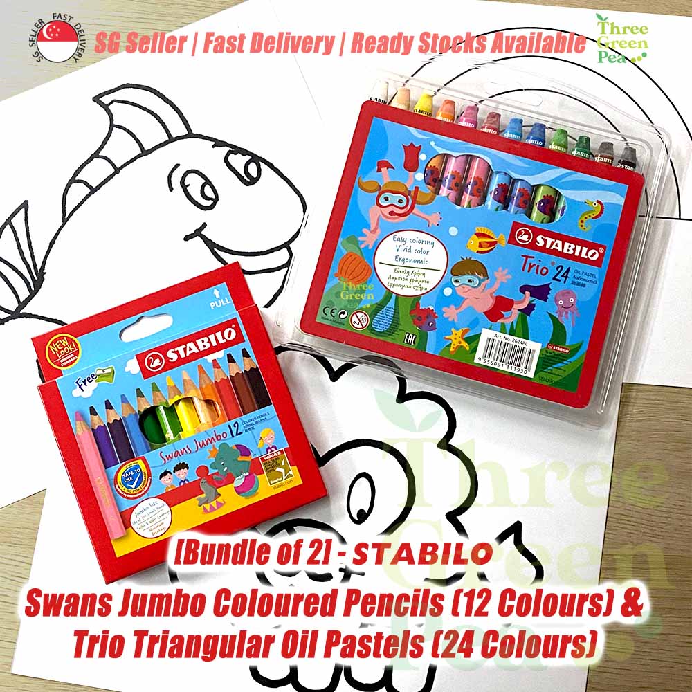 Art and Craft | [Bundle of 2] Stabilo Swans Jumbo Coloured Pencils (Box of 12 Colours) AND Trio Triangular Oil Pastel (Box of 24 Colours)
