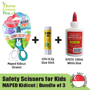 Maped Kidi Cut Children Scissors 12cm (Suitable from the age of 2) Round Tip, Right and Left Handed | Bundle Deal with UHU Glue Stick 8.2g and White Glue 100ml | Suitable for Age 2+