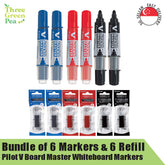 Pilot V Board Master Whiteboard Marker (Medium) and Refill | Bundle of 6 pc Markers and 6 pc Refill