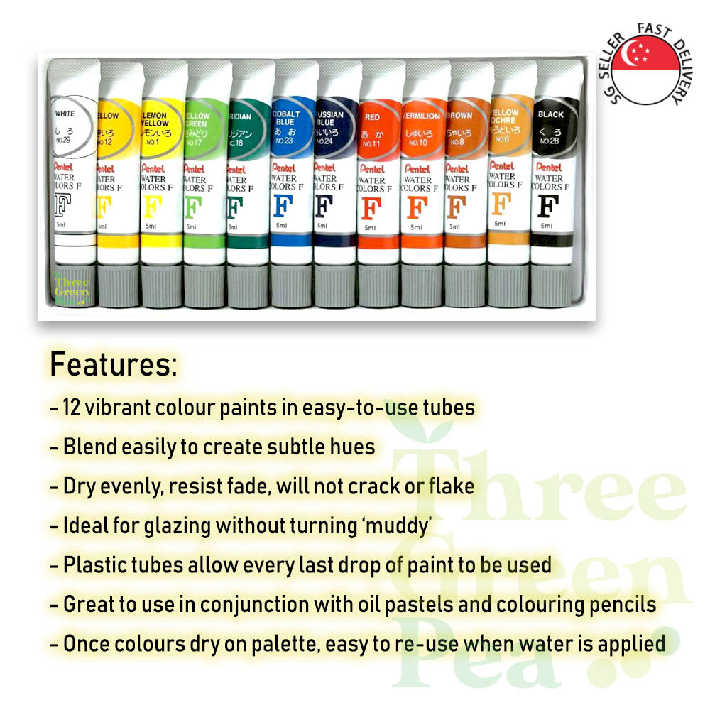 Art and Craft | Pentel Art Water Colours | 12 Vivid Colour Tubes (5ml)