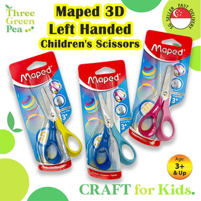 Maped 3D Left Hand Scissors 12cm (Suitable from the age of 3) Round Metal Tip | Bundle Deal with UHU Glue Stick 8.2g and White Glue 100ml | Suitable for Age 3+