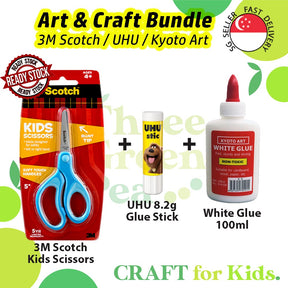 Scissors and Glue for Children Art and Craft Needs [Bundle Deals] - 3M Scotch Scissors, UHU Glue Stick 8gm, Kyoto White Glue 100ml | Suitable for Ages 4+