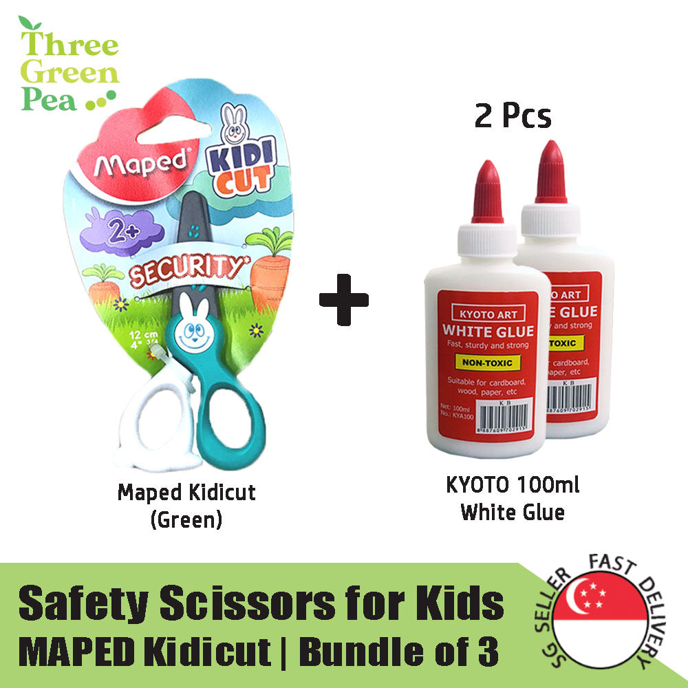 Maped Kidi Cut Children Scissors 12cm (Suitable from the age of 2) Round Tip, Right and Left Handed | Bundle Deal with UHU Glue Stick 8.2g and White Glue 100ml | Suitable for Age 2+