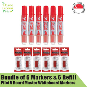 Pilot V Board Master Whiteboard Marker (Medium) and Refill | Bundle of 6 pc Markers and 6 pc Refill